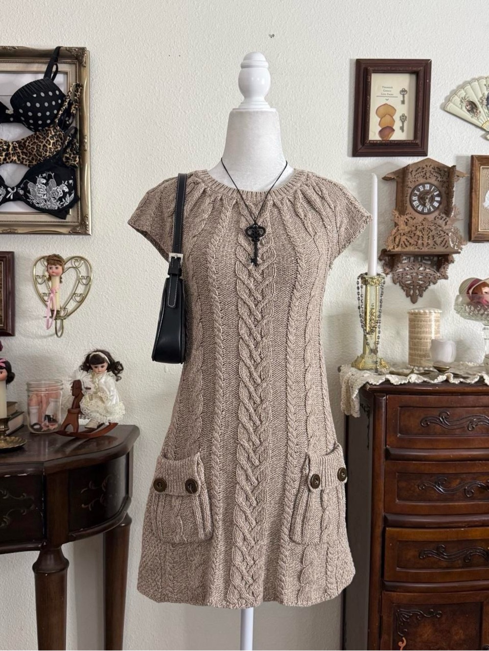 Y2k girly grunge twee fairy coquette brown cable knit mini sweater dress w pocke